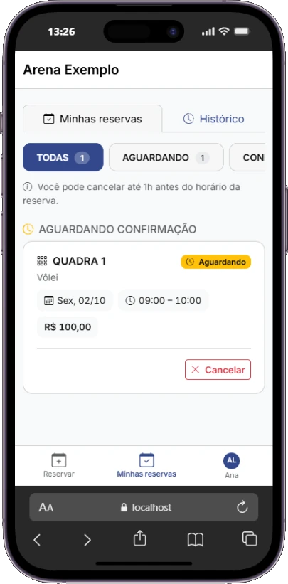 Tela mobile de Minhas reservas com uma reserva da Quadra 1 aguardando confirmação