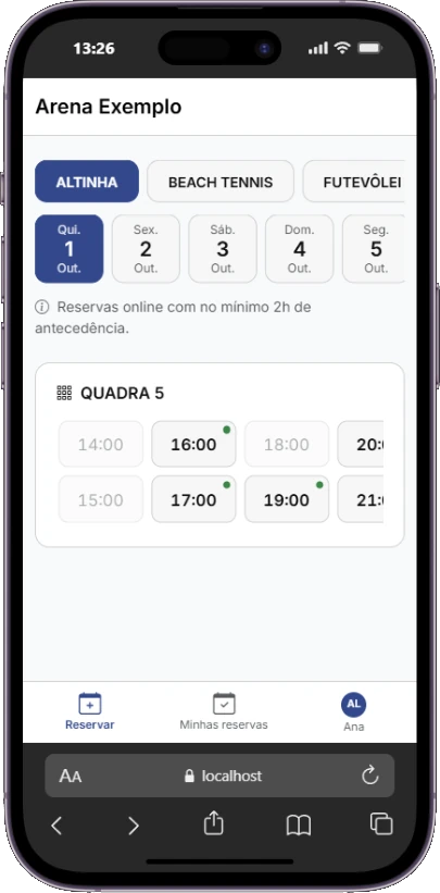 Tela mobile de reserva com seleção de modalidade, data e horários disponíveis da Quadra 5